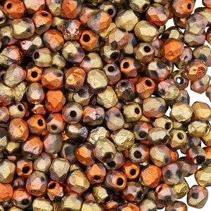 100pcs Fire-Polished Faceted Beads Round 4mm, Czech Glass, Crystal Etched California Gold Rush (4FPE018)