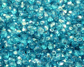 100pcs Czech Fire-Polished Faceted Glass Beads Round 4mm Aquamarine AB (4FP008)