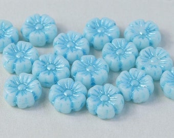 100 pcs Hibiscus Flower Beads 7 mm, Chalk White with Turquoise Blue Decor (03000/54323), Czech Glass (7AFL007-100p)