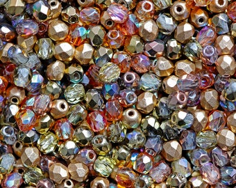 25 g (0,88 oz) Mix of Faceted Fire Polished Beads 3 mm, 5 Сolors Golden Splashes, Czech Glass (3MFP508-625p)