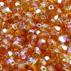 50pcs Czech Fire Polished Faceted Glass Beads Round 6mm, Crystal Orange Rainbow (6FP071)
