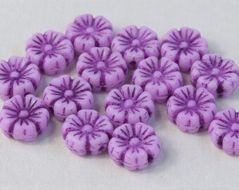 100 pcs Hibiscus Flower Beads 7 mm, Chalk White with Violet Decor (03000/54326), Czech Glass (7AFL010-100p)