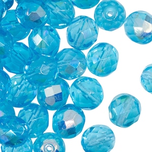 25pcs 8mm Czech Fire Polished Glass Beads Faceted Round Aquamarine AB (8FP035)