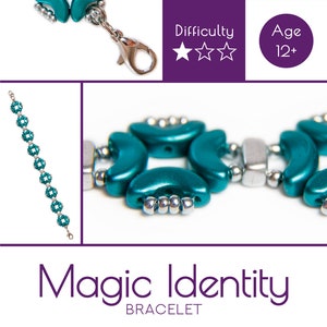 May include: A teal and silver bead bracelet kit called "Magic Identity Bracelet". The kit is labelled as a DIY project with a difficulty rating of three stars and an age recommendation of 12+. The kit is sold by Scara Beads, a company that encourages people to "Get Inspired".