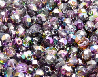 50pcs Czech Fire Polished Faceted Glass Beads Round 6mm Magic Violet-Grey (6FP017)
