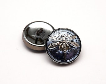 Hand Made Art Czech Glass Button, Blue Montana - Silver Dragonfly size 8, 18mm, 1pc (8BO15028)