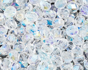 50 stuks Tsjechische vuurgepolijste gefacetteerde glaskralen rond 6 mm kristal AB (6FP002)