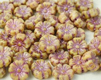 100 pcs Hibiscus Flower Beads 9 mm, Chalk White Terracotta Pink (03000/96829), Czech Glass (9AFL016-100p)