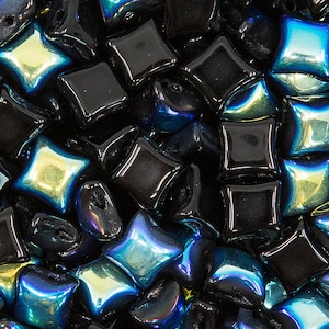 150pcs WibeDuo® Beads, 8x8 mm, 2-Hole, Jet AB (23980/28701), Czech Glass, (AWIB019-150p)