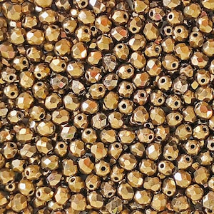 100pcs Czech Fire Polished Faceted Glass Beads Round 4mm Jet Gold Bronze (4FP065)