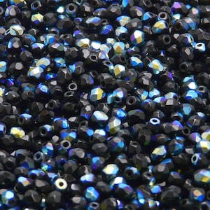 100pcs Czech Fire Polished Faceted Glass Beads Round 3mm Jet Black AB (3FP015)