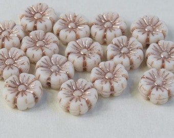 100 pcs Hibiscus Flower Beads 7 mm, Chalk White with Bronze Decor (03000/54324), Czech Glass (7AFL008-100p)