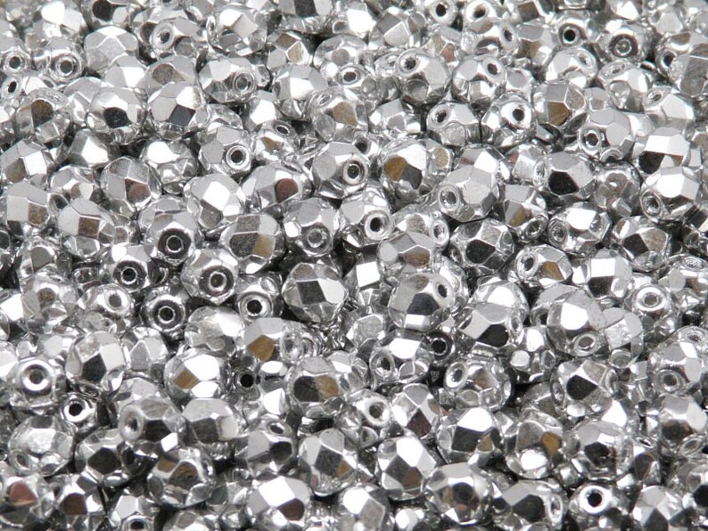 Silver Metallic 100pcs Rounds 5mm Czech Fire Polished Glass Beads Faceted 5FP006