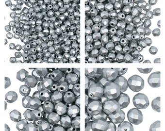 Set of Czech Fire-Polished Glass Beads Round 3mm, 4mm, 6mm, 8mm - Silver Matte (1CFP009)