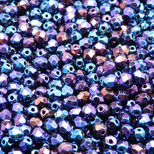 100pcs Czech Fire Polished Faceted Glass Beads Round 4mm Jet Blue Iris (4FP046-K)