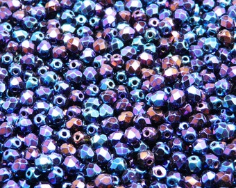 100pcs Czech Fire Polished Faceted Glass Beads Round 4mm Jet Blue Iris (4FP046-K)