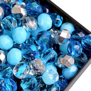 50 pcs Fire Polished Beads 6mm Mix-Aqua, Czech Glass (6FP101-50p)