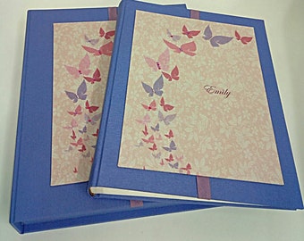 Photo album,   canvas with customizable print and box, butterflies,  wisteria color, for baptism, first communion, wedding