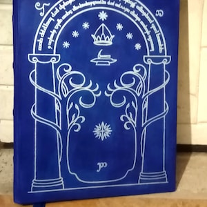 Puede incluir: Un diario encuadernado en cuero azul con un diseño blanco de un arco, árboles y estrellas. El texto "Acd dybages adhad ded gedhapy oben elhagbord pad babba mabs dhabreding grades dod odredbaglaro pop boxy ppp q mah col" está escrito en un patrón circular alrededor del arco.