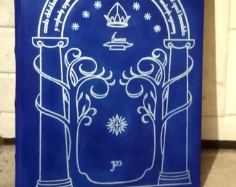 May include: A blue leather-bound journal with a white design of an archway, trees, and stars. The text "Acd dybages adhad ded gedhapy oben elhagbord pad babba mabs dhabreding grades dod odredbaglaro pop boxy ppp q mah col" is written in a circular pattern around the archway.