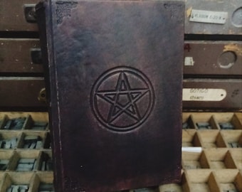 leather journal - engraved with pentacle and bookbinding tools- book of shadows, italian