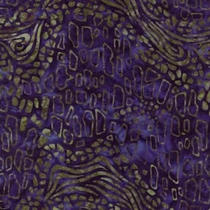 May include: Purple fabric with a gold and white abstract pattern. The pattern resembles a swirling, organic design with small, irregular shapes.