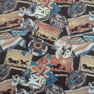 May include: A black fabric with a repeating pattern of Native American inspired designs. The pattern includes stylized horses, pottery, and blankets in shades of brown, blue, red, and white.
