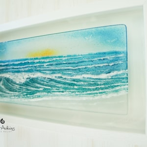 Landscape Wave Frame 45x25cm(18x10&quot;) Sun, Seaside Picture, beach sky bird sand Wall Art, Coastal Fused Glass Wall Sculpture, Breaking Wave