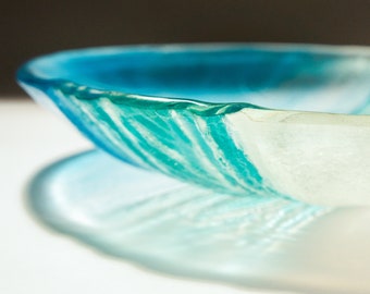 Beach Glass Fruit Bowl 29cm/12", Turquoise Fused Glass Fruit Bowl, Glass Coastal Table Decor, Ocean Glass Bowl, Beach Sea Birds Decor