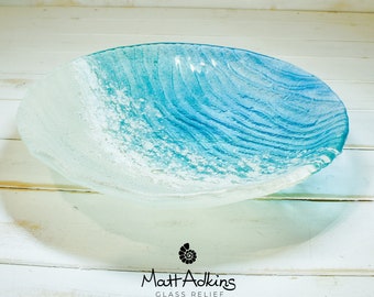 Paradise Glass Bowl 29cm(12"), Turquoise Blue Seabed Beach Fruit Bowl, Fused Glass Fruit Bowl, Beach House Table Decor Glass Art Bowl