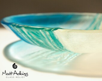 Beach Glass Fruit Bowl 29cm/12", Turquoise Fused Glass Fruit Bowl, Glass Coastal Table Decor, Ocean Glass Bowl, Beach Sea Birds Decor
