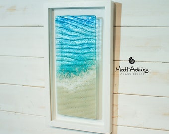 Paradise Fused Glass Frame Portrait 25cmx45cm(10x18"), Teal Seabed Ripple Beach Vertical Art Frame, Glass Wall Art, Coastal Beach Scene