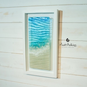 Paradise Fused Glass Frame Portrait 25cmx45cm(10x18&quot;), Teal Seabed Ripple Beach Vertical Art Frame, Glass Wall Art, Coastal Beach Scene