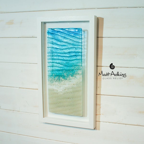 Paradise Fused Glass Frame Portrait 25cmx45cm(10x18"), Teal Seabed Ripple Beach Vertical Art Frame, Glass Wall Art, Coastal Beach Scene