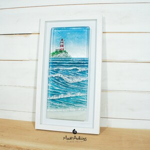 Portrait Lighthouse Frame 25cmx45cm(10x18&quot;), Portrait Fused Glass Wave Wall Art, Coastal Glass Sculpture Sea Wave Art, matt adkins