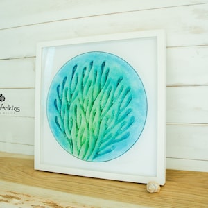 Square Coral Wall Art 44x44cm(17 1/2&quot;), Turquoise Blue Lime Green Round Coral Glass Framed Picture, Seaweed Fused Glass Large Sculpture