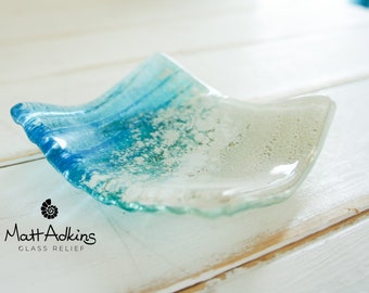 Beach Paradise Glass Ring Dish 10cm(4"), Turquoise Paradise Beach Glass Dish-Ring Dish, candle holder, Trinket, trinket bathroom decor