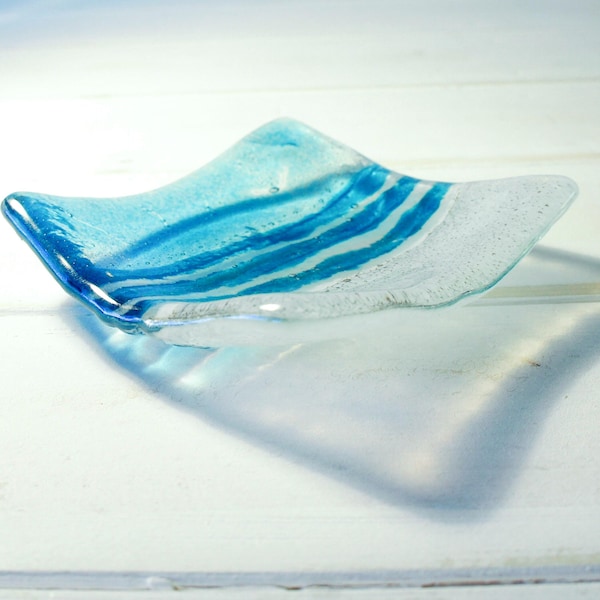 Blue Beach Fused Glass Trinket Dish 10cm - handcrafted ring dish by Matt Adkins in Dorset, UK