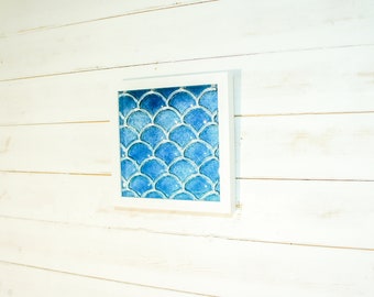 Fish Scale Glass Art Blue 25x25cm (10"x10"), Blue Fish Scale Glass Framed Picture, Fish Scale Frame