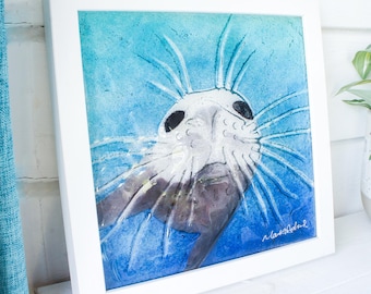 Seal in deep sea frame, fused glass art, square wall art, seal face clear grey black in blue teal see 25cm (10"), animal print wall decor