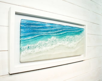 Large Wave Frame, Toe Tickling Tide, Panoramic Glass Wave Wall Art 60x30cm (12x23 1/2"), Sea Beach Fused Glass Wall Art
