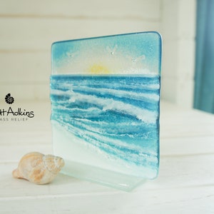 Wave Glass Art Sun 12cm(5"), Fused Glass Freestanding Art Panel, Wave Suncatcher, Sea Glass Wave, Model 1 D1 Sun on glass foot
