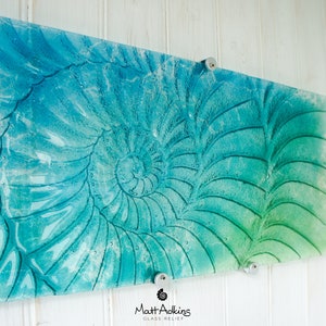 Large Ammonite Glass Art 56x26cm(22x10"), Nautilus Lime Green Turquoise Blue Landscape Fossil Fused Glass Wall Sculpture, Abstract Wall Art