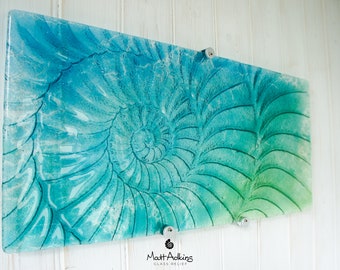 Large Ammonite Glass Art 56x26cm(22x10"), Nautilus Lime Green Turquoise Blue Landscape Fossil Fused Glass Wall Sculpture, Abstract Wall Art