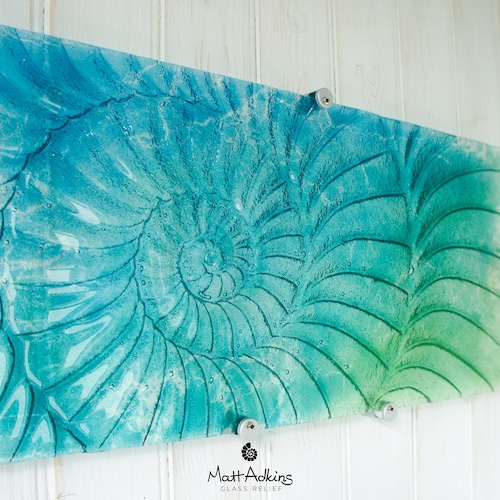 Large Ammonite Glass Art 56x26cm(22x10"), Nautilus Lime Green Turquoise Blue Landscape Fossil Fused Glass Wall Sculpture, Abstract Wall Art