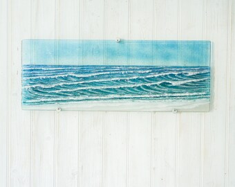 Large Panoramic Wave 67x25cm(26x10&quot;), fused glass wall art, teal turquoise blue ocean wall panel glass sculpture, bedroom landscape wall art
