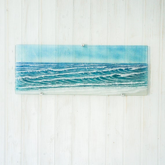 Large Panoramic Wave 67x25cm(26x10"), fused glass wall art, teal turquoise blue ocean wall panel glass sculpture, bedroom landscape wall art