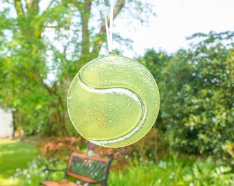 Tennis Glass Suncatcher - round handmade hanging fused glass art ornament 12cm (5")
