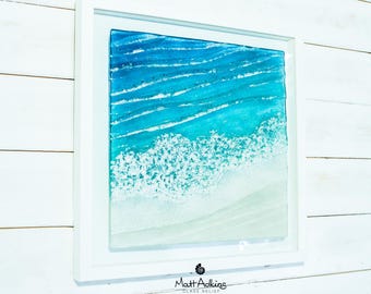 Large Square Fused Glass Wave Frame - Toe Tickling Tide design, handmade sculpture glass art - 45x45cm(17 3/4x17 3/4")