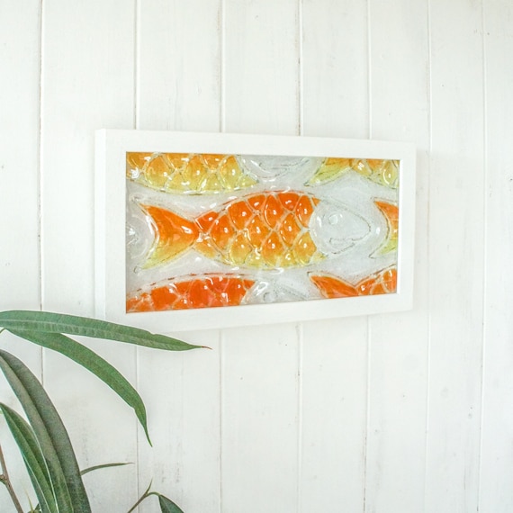 Fused Glass Fish Wall Art Landscape 34x18cm (7x13"), Orange&Yellow FishCrowd Glass Framed Picture, Fish Coastal Seaglass Wall Art, Nautical